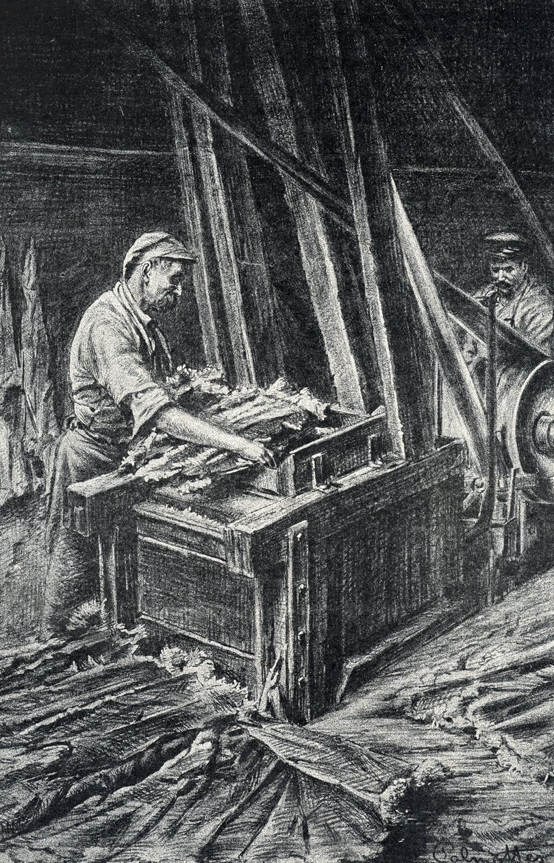 Peausserie, le corroyage: lærarbeid, mykgjøring av dyreskinn i en fyldigere gravering fra Pierre Calmette Collection privee av Pierre Calmettes