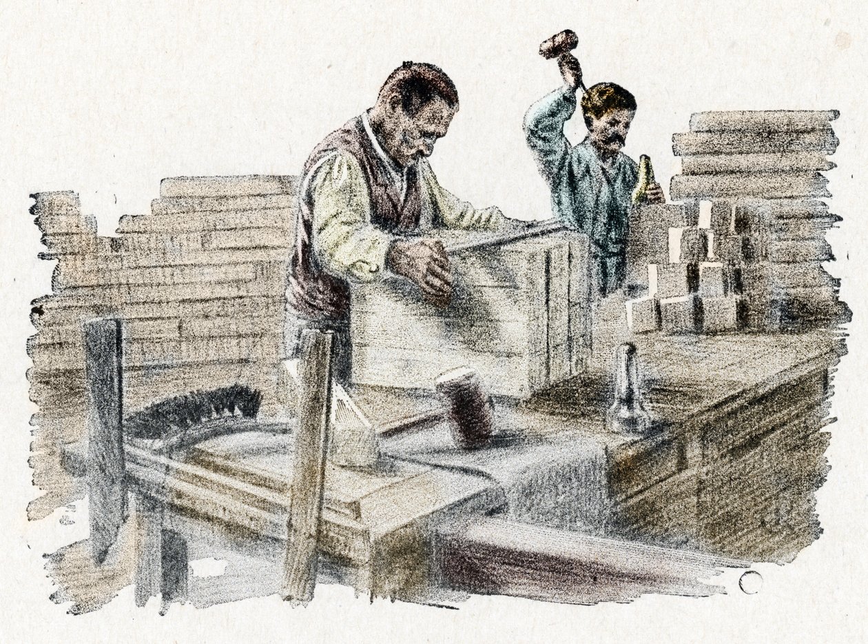 Savonnerie: le découpage des breads de soap (fremstilling av såpestykker) Gravering fra "Excursion through the trades" av Pierre Calmette Privat samling av Pierre Calmettes