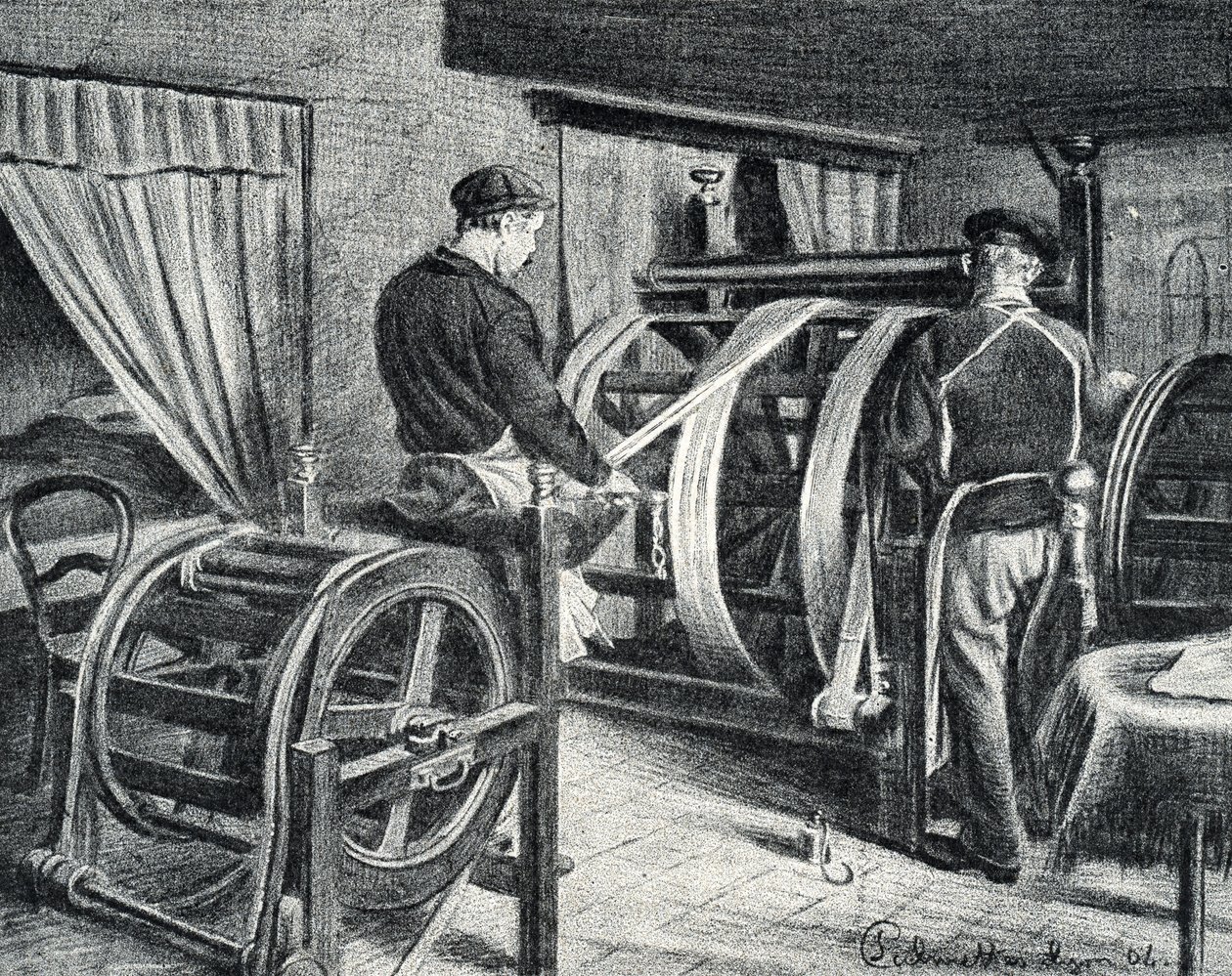 Silkearbeid: utrullingen av silkegraveringen fra "Excursion a travers les metiers" av Pierre Calmette Private Collection av Pierre Calmettes