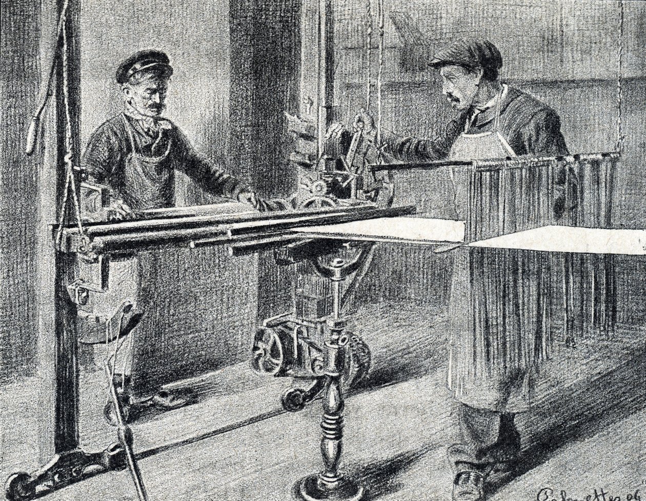 Silkeverksted: forberedelse av kjeden ved mappen (Silkearbeid) Gravering hentet fra "Excursion through the metiers" av Pierre Calmette Private Collection av Pierre Calmettes