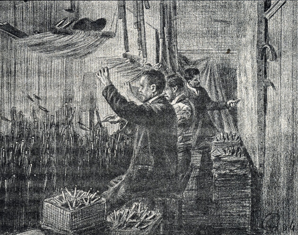 Tapetet av Aubusson: tapetsererne jobber opp ned Gravering fra "Excursion a travers les metiers" av Pierre Calmette Collection privee av Pierre Calmettes