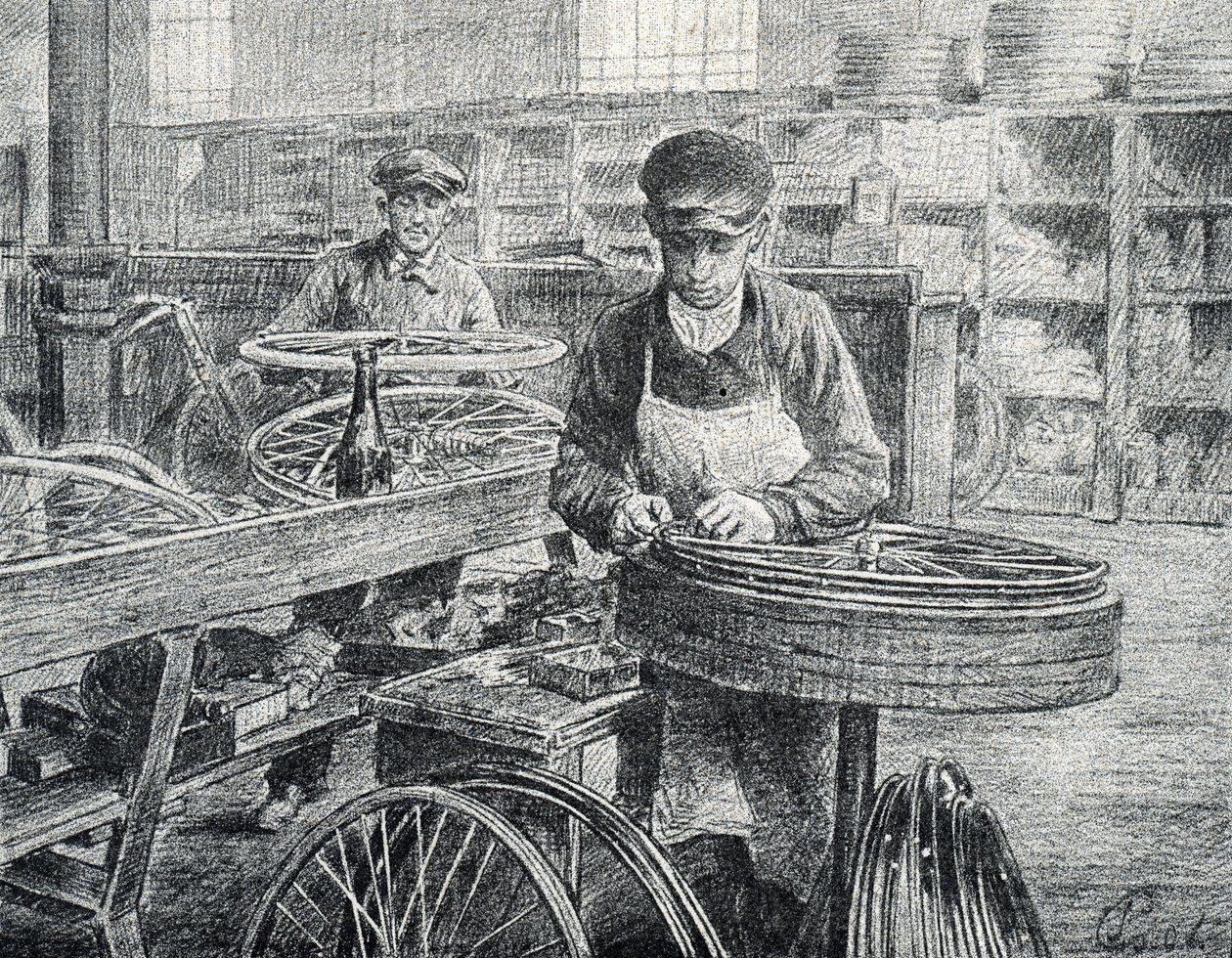 Arbeidere som fester eikene til felgene på en sykkel under produksjonen (produksjon av sykler) Gravering fra Pierre Calmette Private Collection av Pierre Calmettes