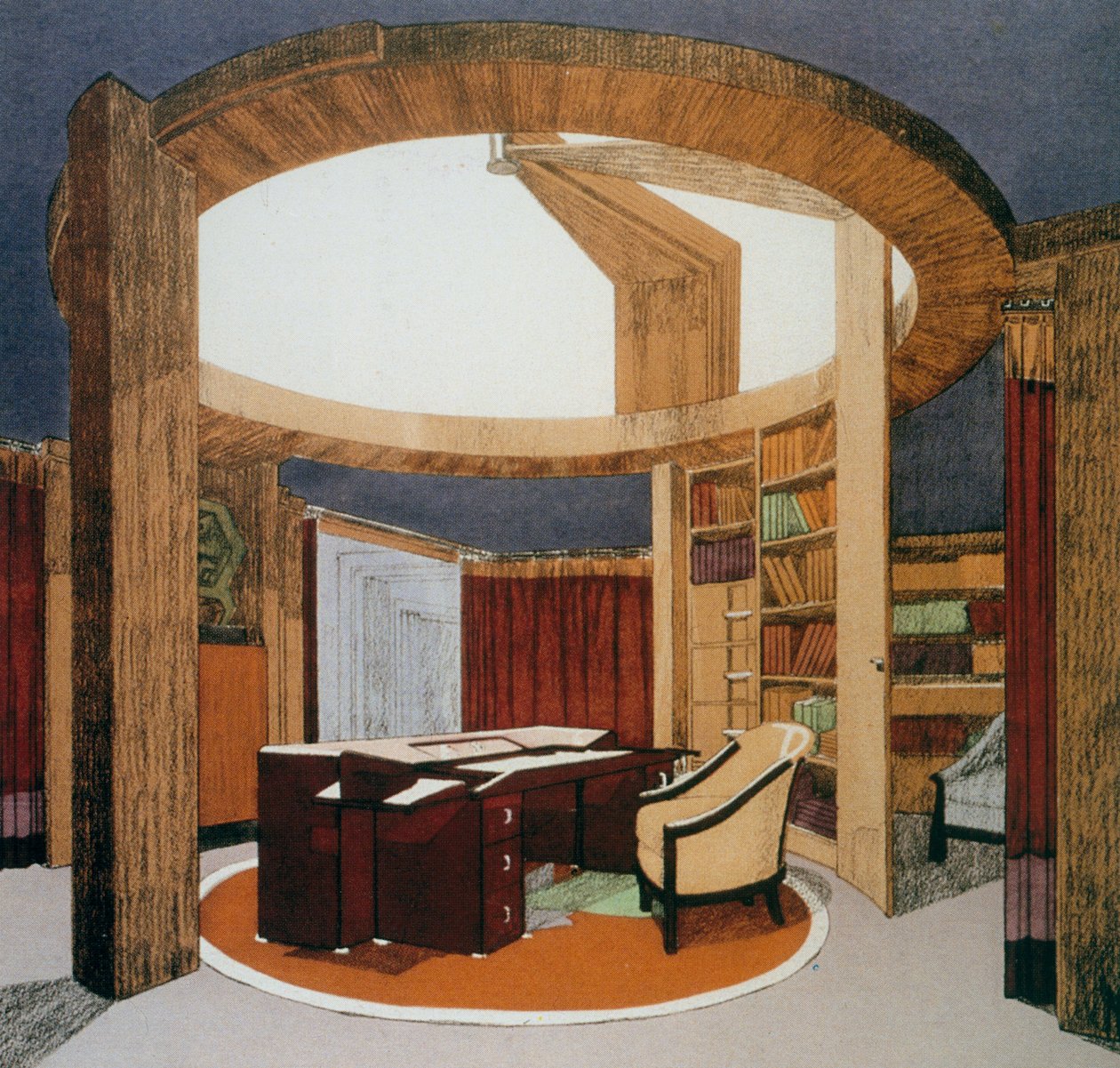 Design for studiebibliotek (Bureau-Bibliotheque) for Ambassade de France, av Pierre Chareau (1883-1950), presentert på International Exposition of Decorative Arts i Paris, i 1925, Frankrike, 1900-tallet av Pierre Chareau