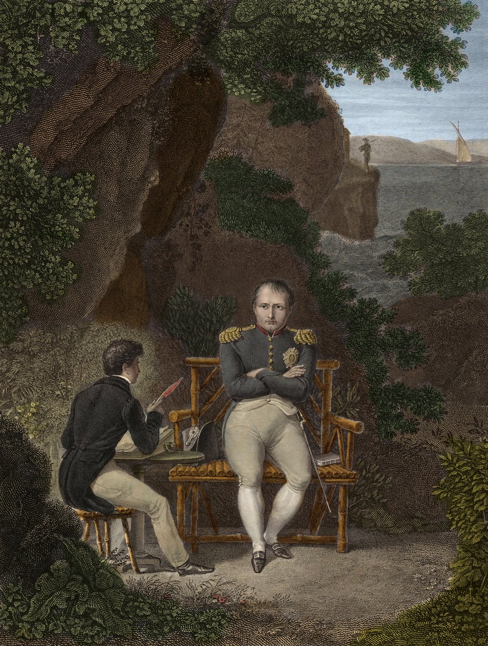 NAPOLEON I (1769-1821) I eksil i Saint Helena - Napoleon dikterer sine memoarer til Emmanuel Pons de Las Cases (1800-1854) sønn av Emmanuel de Las Cases - Napoleon til Saint Helena (St. Helena): Han dikterer til de unge Las Cases notatene som skal brukes t av Pierre Charles Bacquoy