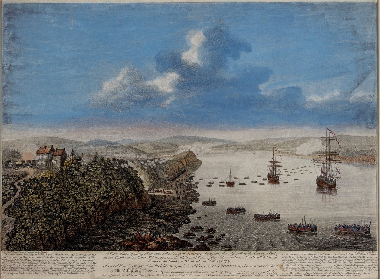 En utsikt over landingsstedet over byen Quebec som beskriver angrepet ... på Hauteurs DAbraham Septr. 13. 1759, ca. 1760 av Pierre Charles Canot