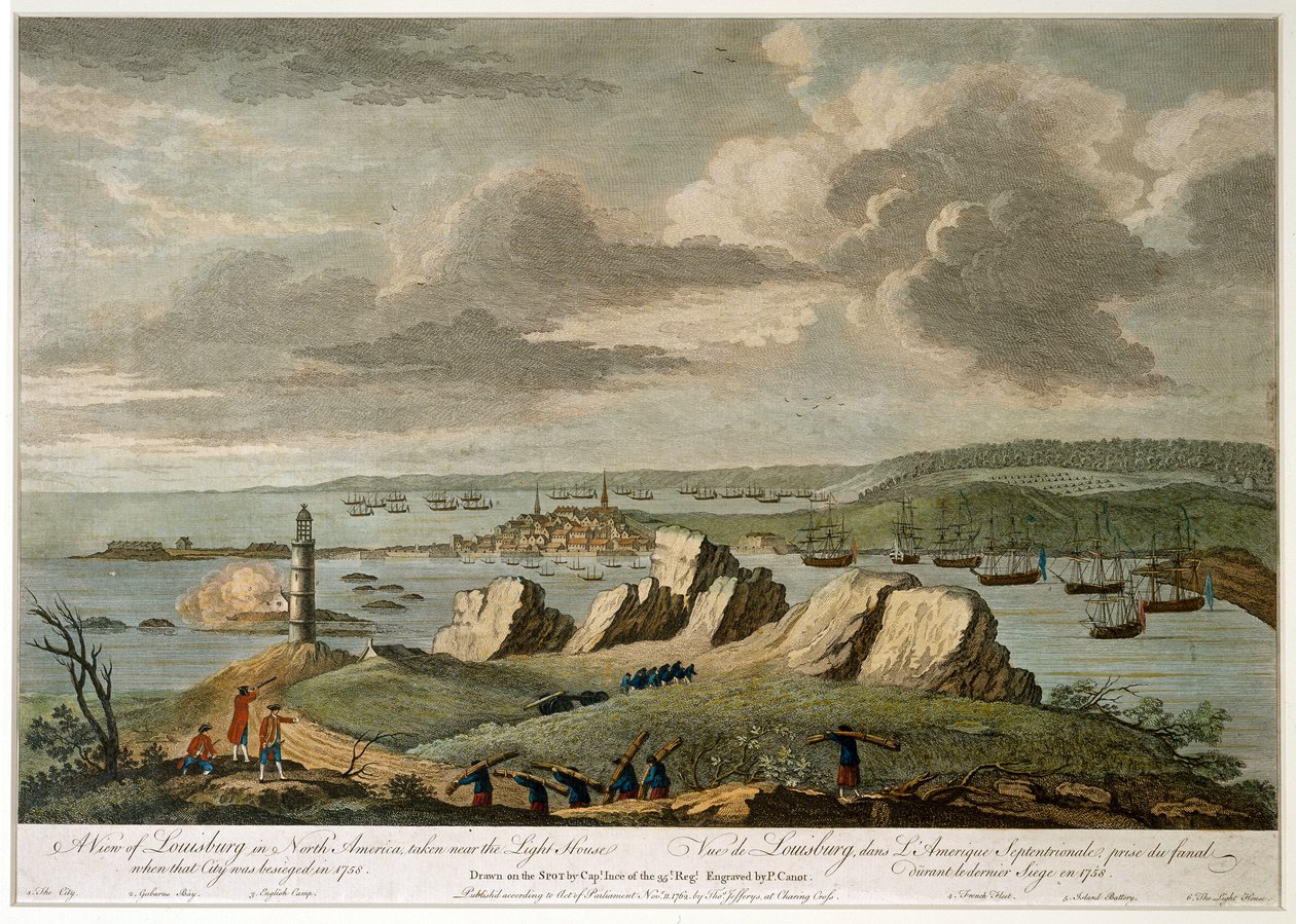 En utsikt over Louisburg i Nord-Amerika tatt nær Light House da byen ble beleiret i 1758 (linjegravering, farget) av Pierre Charles Canot