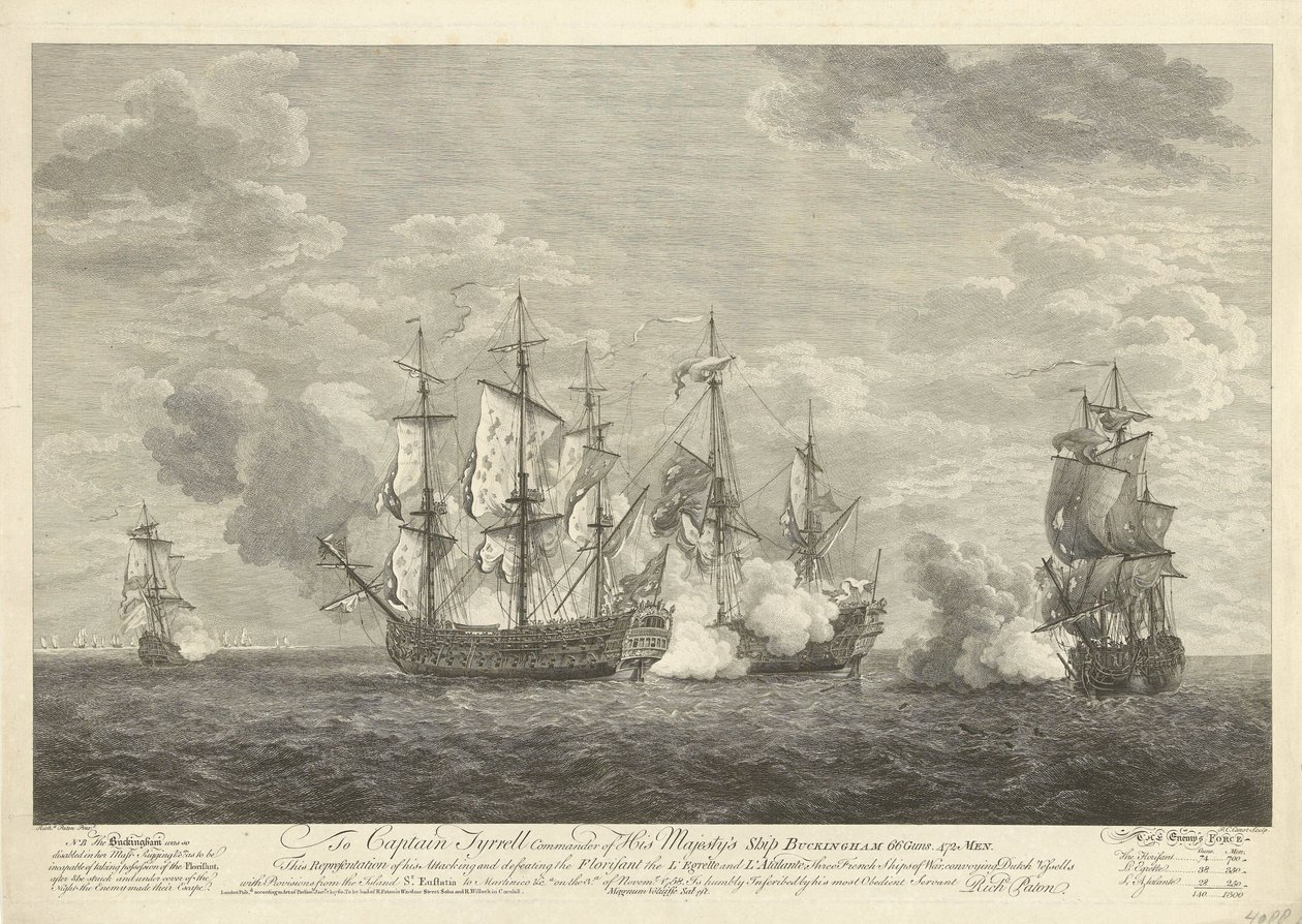 Angrep av et engelsk skip på tre franske skip utenfor St. Eustatius, 1758 av Pierre Charles Canot