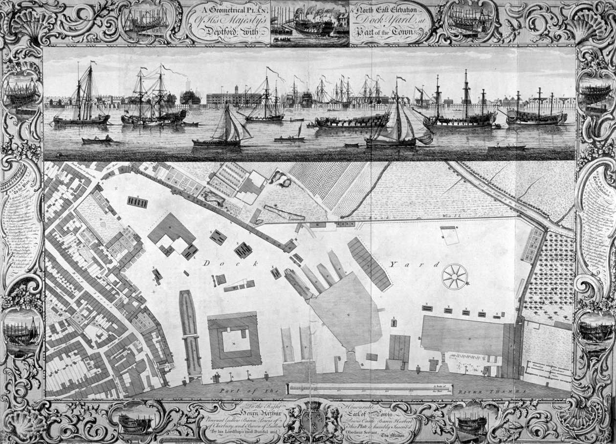 Deptford Docks, London, 1753. av Pierre Charles Canot