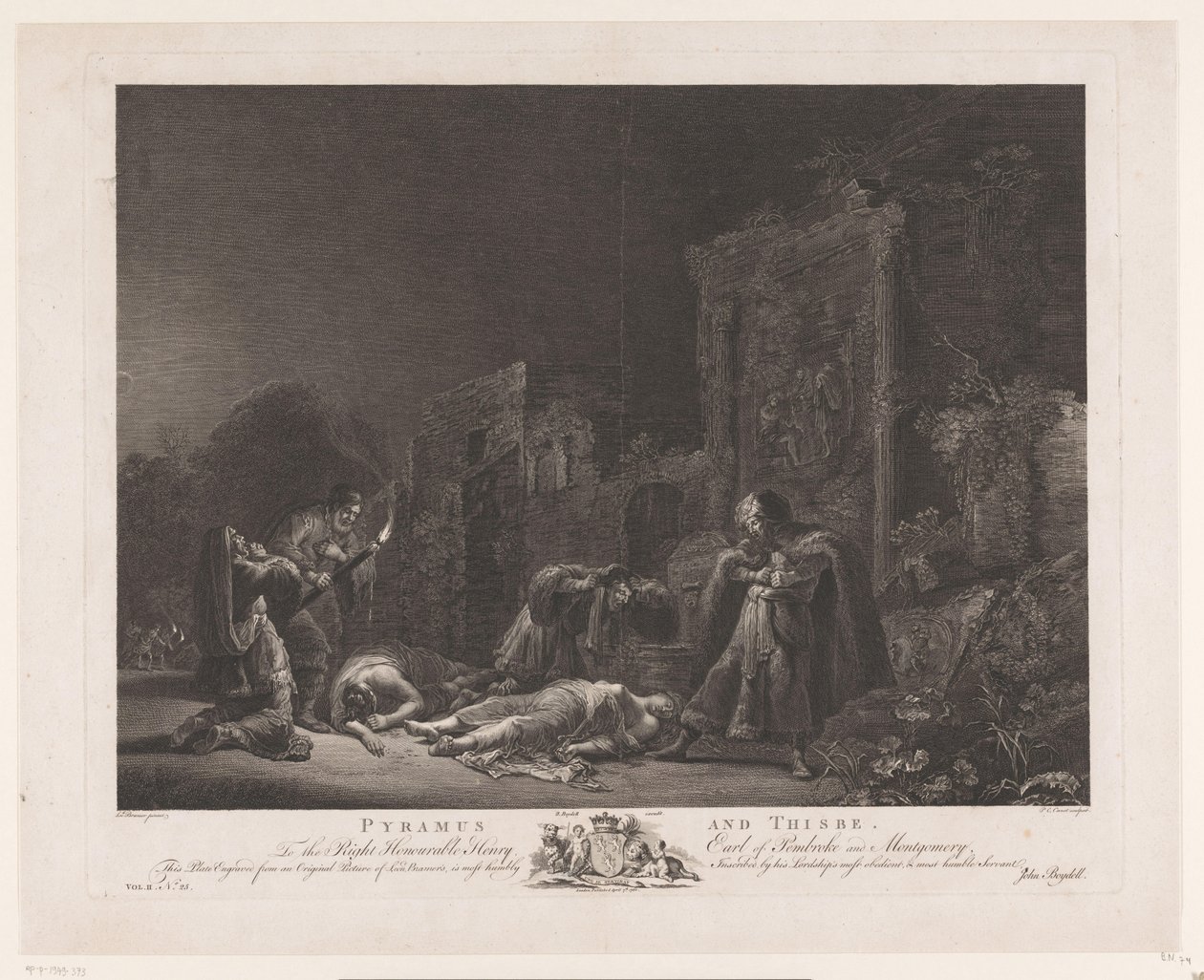 Pyramus og Thisbe Pyramus og Thisbe (tittel på objekt) Principal Paintings of England (serietittel) The Most Capital Paintings in England (serietittel) av Pierre Charles Canot