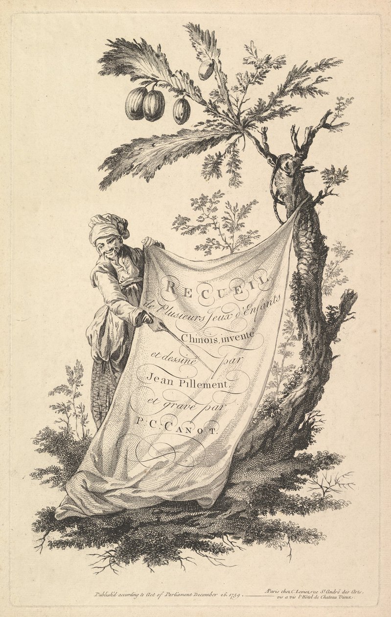 Tittelside: en smilende mann holder et hjørne av et tøy knyttet til et fikentre og peker med en s..., 1759. av Pierre Charles Canot
