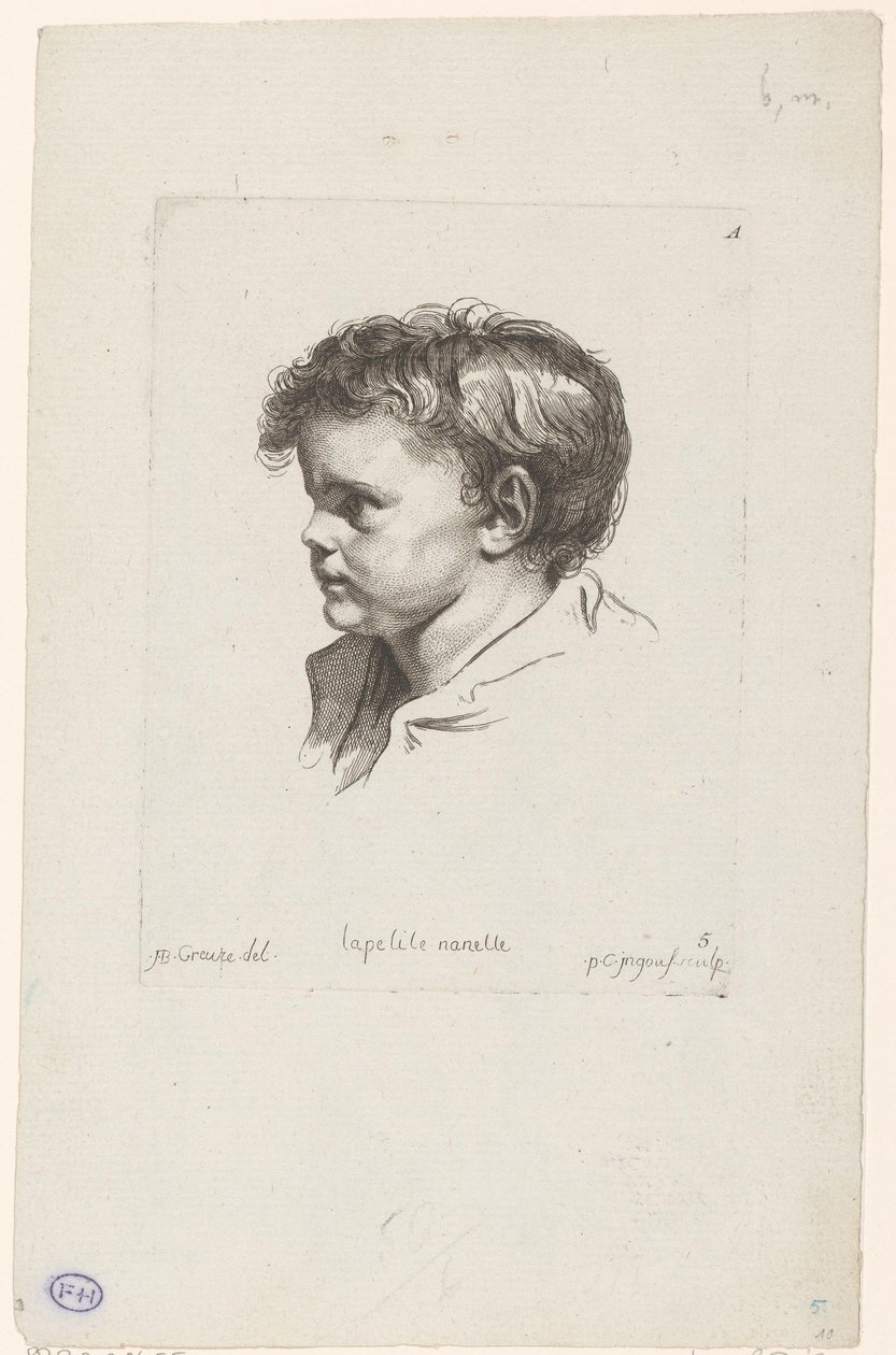 Hodet til et lite barn, vendt mot venstre La petite Nanette (tittel på objekt) Hoder til forskjellige figurer (serietittel) ir. Cahier de Têtes de différens Caracteres (serietittel) av Pierre Charles Ingouf