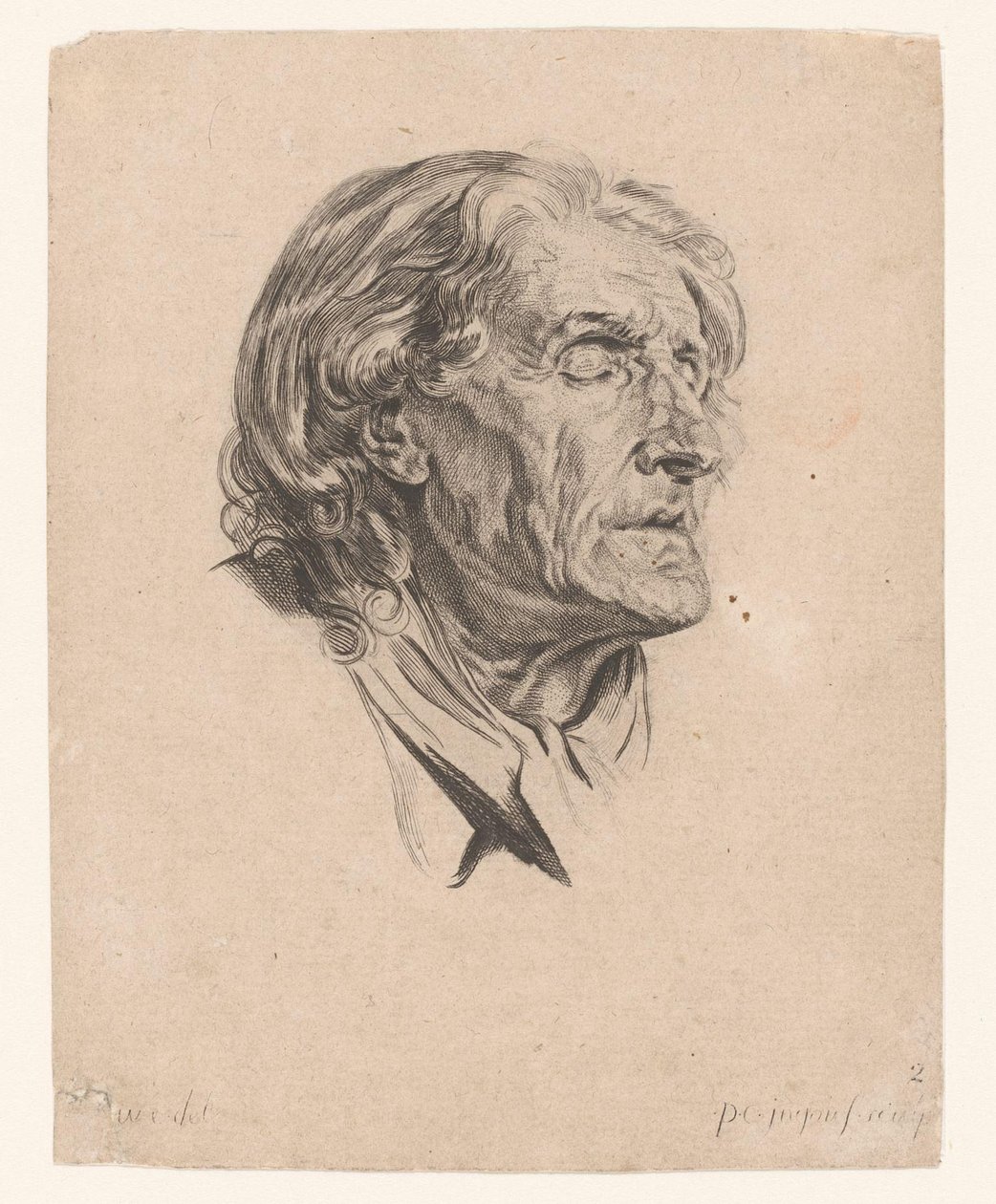 Hodet til en gammel mann med lukkede øyne, vendt mot høyre Hoder til forskjellige figurer (serietittel) ir. Cahier de Têtes de différens Caracteres (serietittel) av Pierre Charles Ingouf