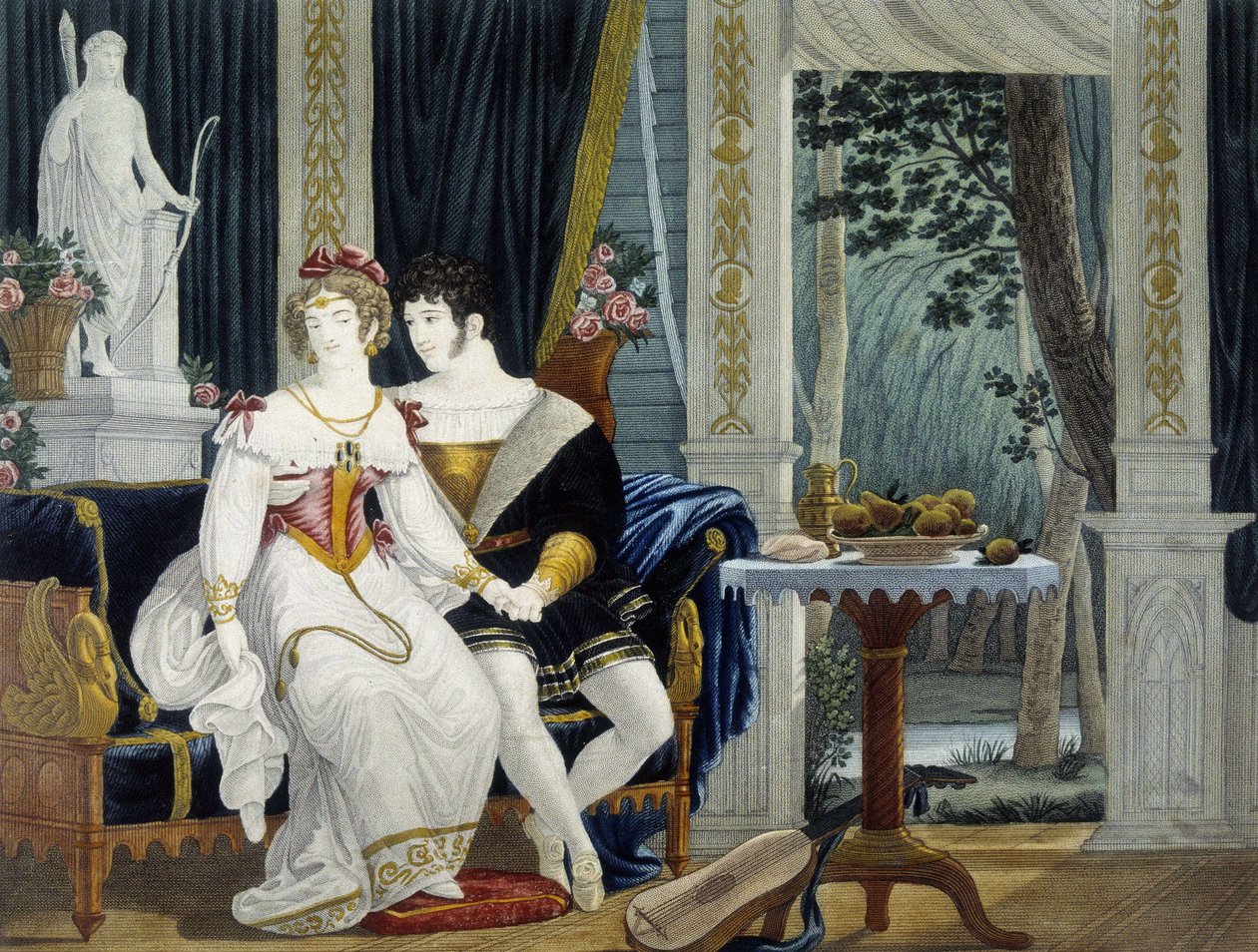 Ungt borgerlig par i et interiør i galantsamtale - av Pierre Chasselat, deb. 1800-tallet av Pierre Chasselat