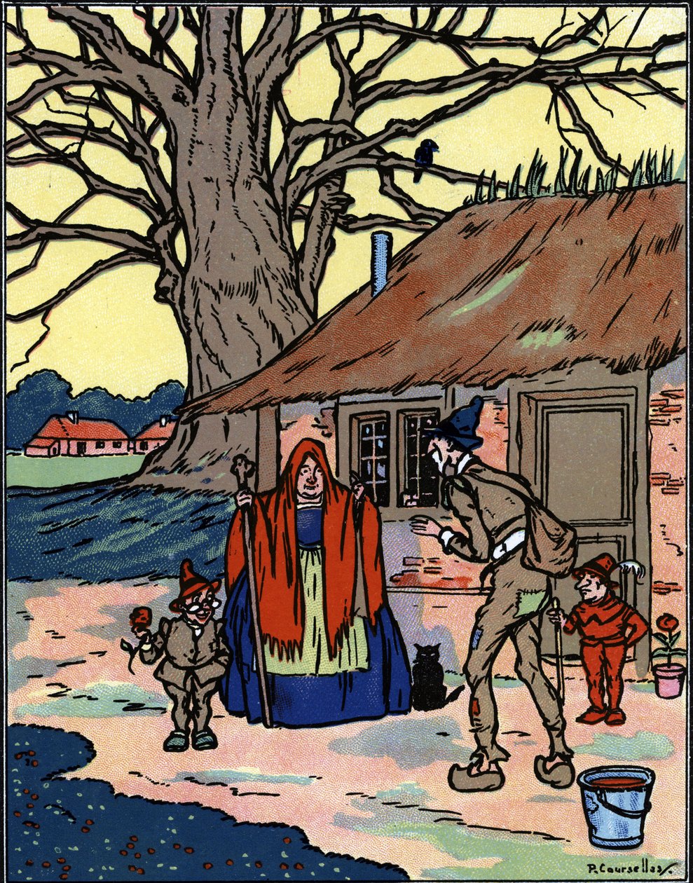 Flukten til Picrochole som møter en gammel heks Illustrasjon av Pierre Couselles (død 1938) fra "Gargantua" av Francois Rabelais av Pierre Courselles