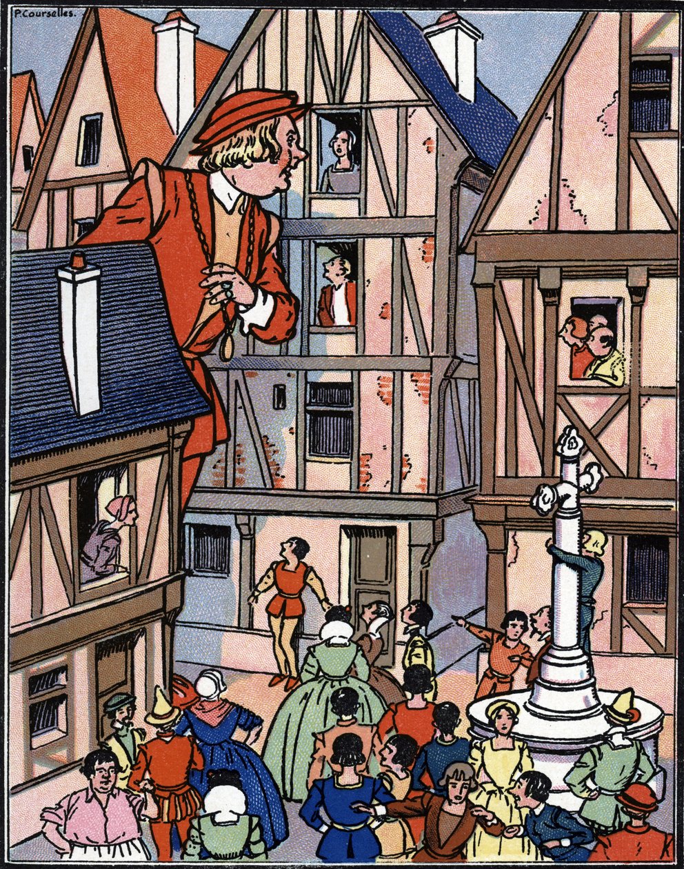 Den gigantiske Gargantua i gatene i Chinon Illustrasjon av Pierre Couselles (død 1938) fra "Gargantua" av Francois Rabelais av Pierre Courselles