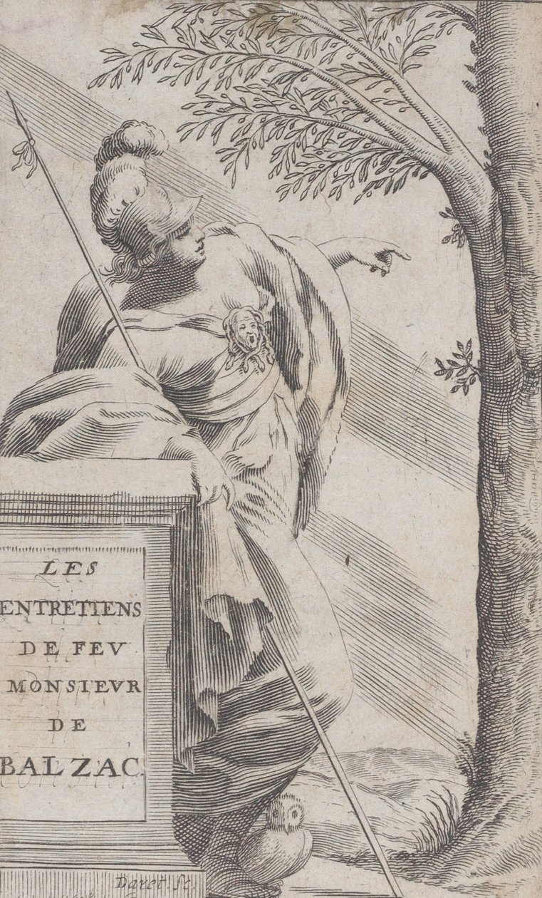 Frontispice, fra Intervjuer med avdøde Mr. Balzac Les Entretiens de Feu Monsieur d..., 1660. av Pierre Daret