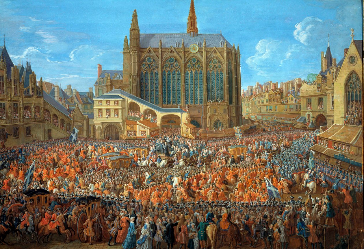 Kong Ludvig XV (1710-1774) forlater rettferdighetens seng som ble holdt ved Palais de Justice i Paris 12.09.1715 La Sainte Chapelle est visible - Maleri a la gouache av Pierre Denis Martin (1663-1742) 1715 - Paris, musee Carnavalet - The Departure of Louis av Pierre Denis Martin