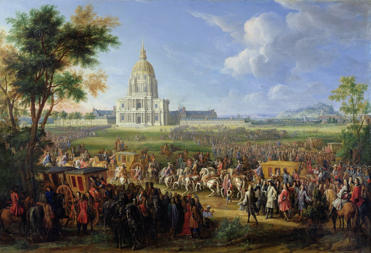 Louis XIV (1638-1715) og hans følge på besøk i Les Invalides, 26. august 1706 av Pierre Denis Martin