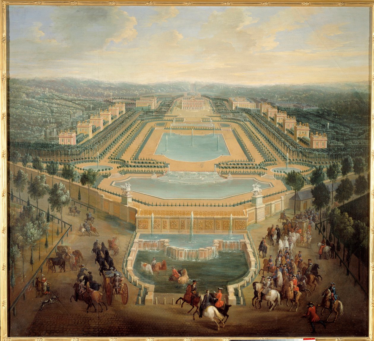 Perspektiv utsikt over slottet Marly, kong Louis XV (1710-1774) i vogn forlater slottet Maleri av Pierre Denis Martin (1663-1742) 1700-talls søn. 1,37 x 1,55 m - Perspektiv utsikt over slottet Marly, kong Ludvig XV (1710-1774) forlater casingen av Pierre Denis Martin