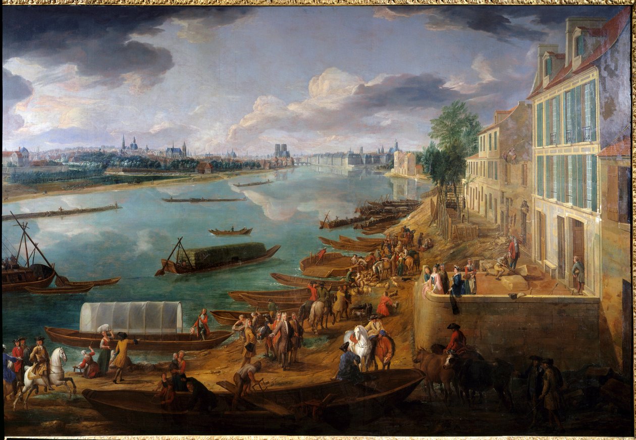 Utsikt over Paris, tatt fra Quai de la Rapee i 1716 Detalj av båter på Seinen og aktiviteter. Maleri av Pierre Denis Martin (1663-1742) 1716 søn. 1,7x3,15 m Paris, Musee Carnavalet. av Pierre Denis Martin