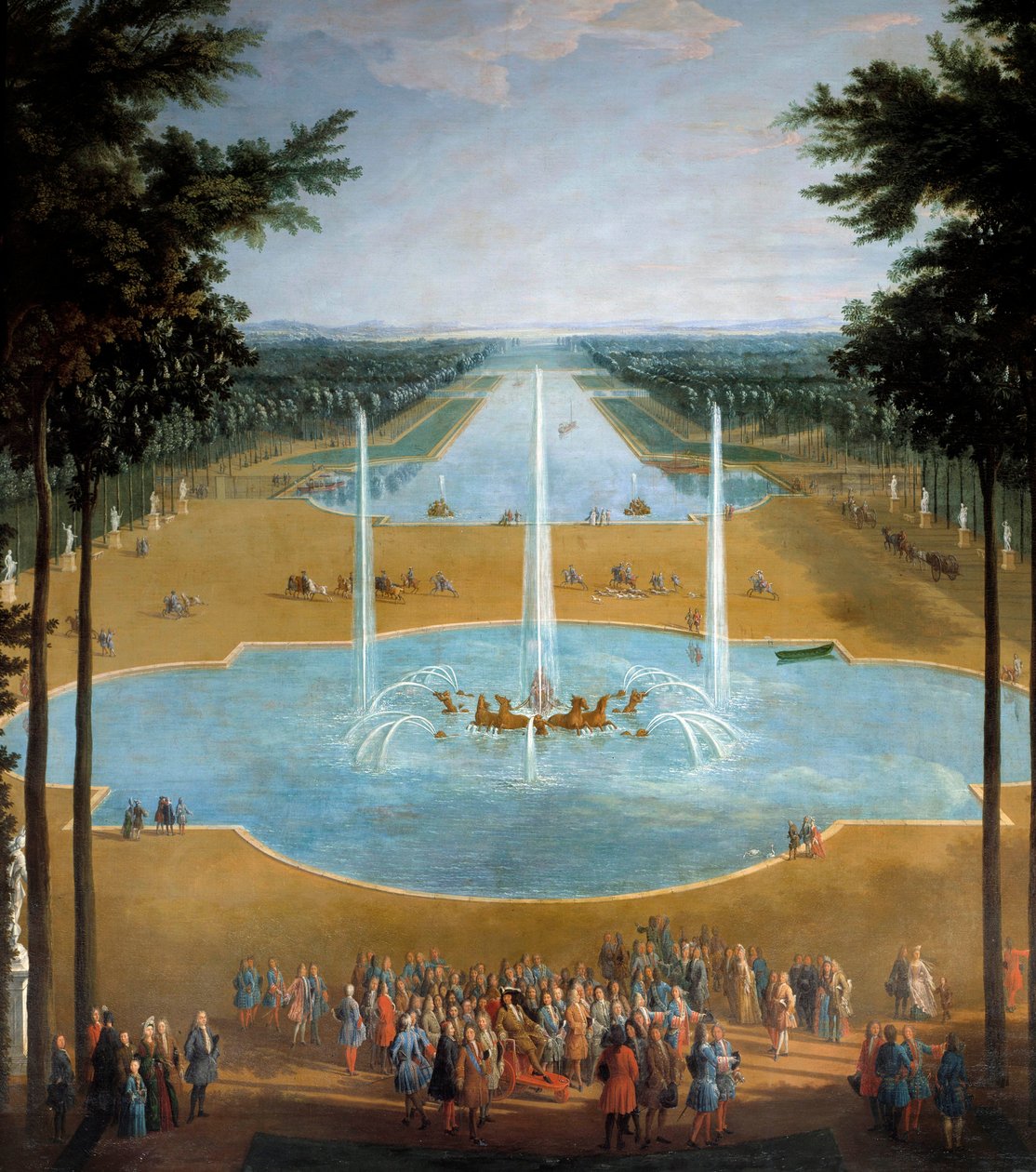 Utsikt over bassenget til Apollo og Canal Grande i Versailles i 1713, i forgrunnen: Kong Ludvig XIV (1638-1715) har promenaden rundt 1713. Detalj av et maleri av Pierre Denis Martin (1663-1742) Søn. 2,6x1,3 m av Pierre Denis Martin