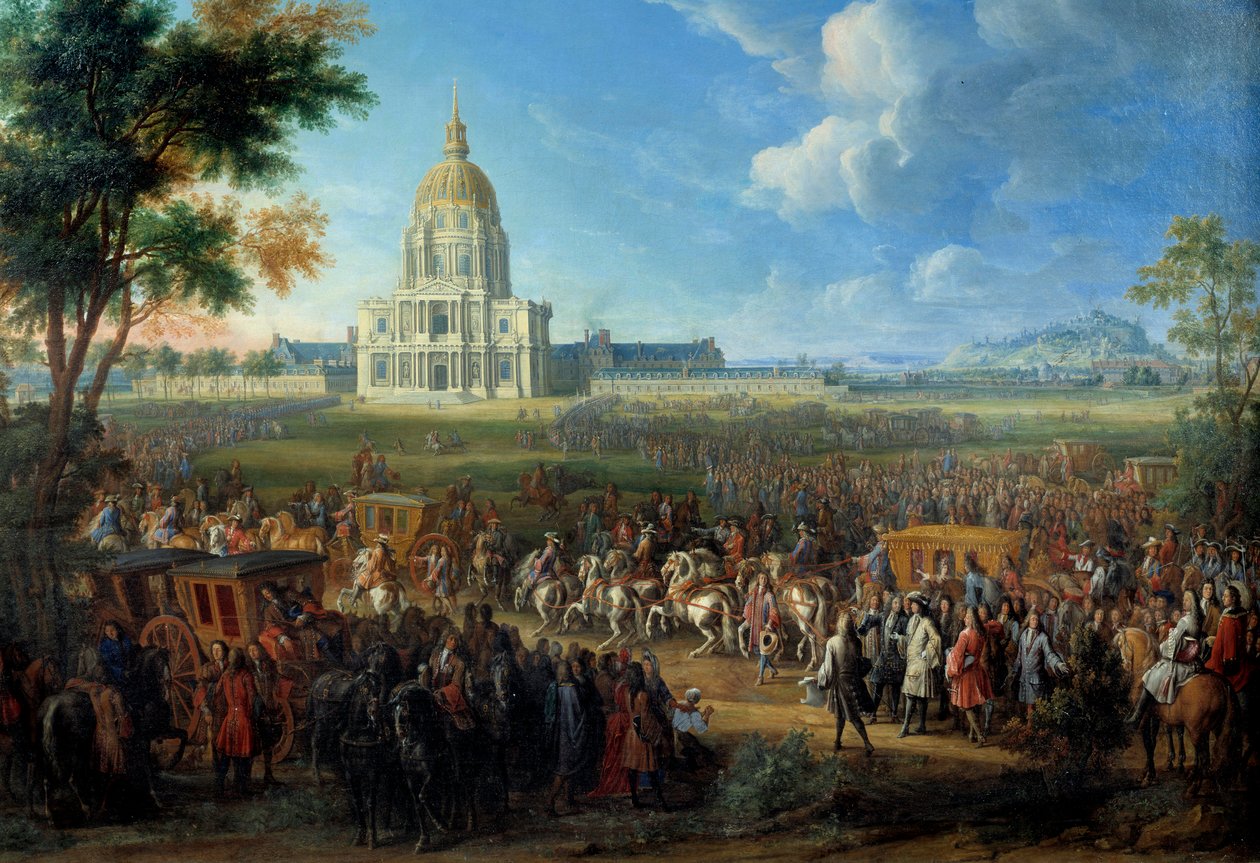 Besøk av kong Ludvig XIV til kirken Royal Hotel des Invalides, nylig ferdigstilt 14. juli av Pierre Denis Martin