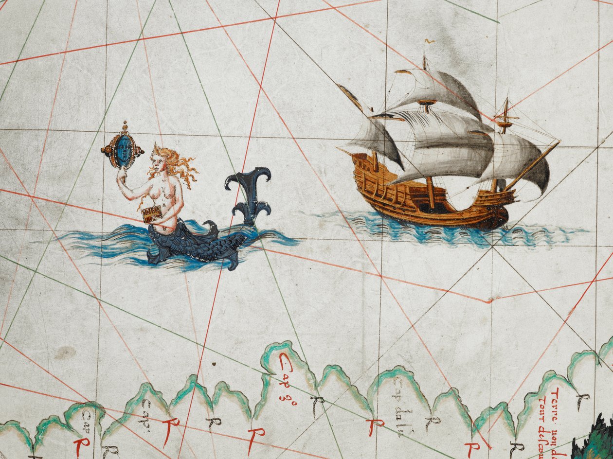 En detalj av en sirene som beundrer seg selv i et speil og et skip øst for henne i Sørishavet, fra et kart over verden, 
