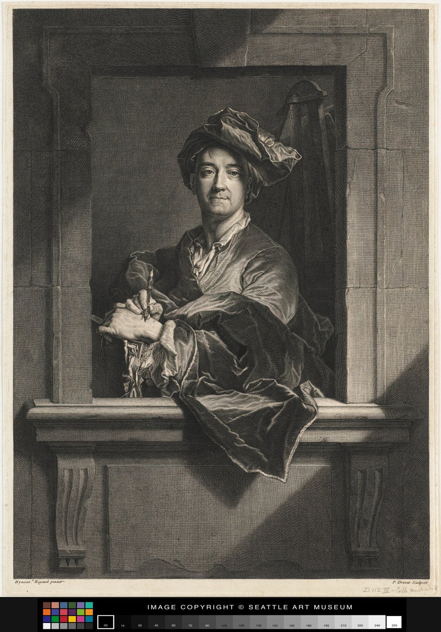 Gravering av Hyacinthe Rigauds portrett av seg selv, slutten av 1600-tallet-1700-tallet av Pierre Imbert Drevet