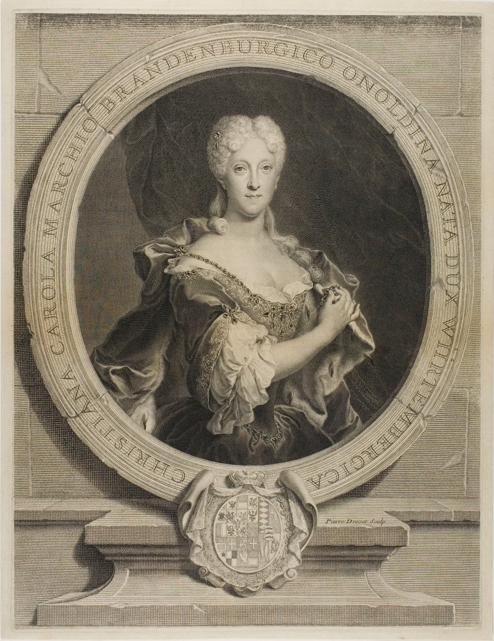 Portrett av Christine-Caroline, markgreven av Brandenbourg-Onoltzbach, kone til Guillaume-Frédéric av Wurtemburg, 1694-1723 av Pierre Drevet