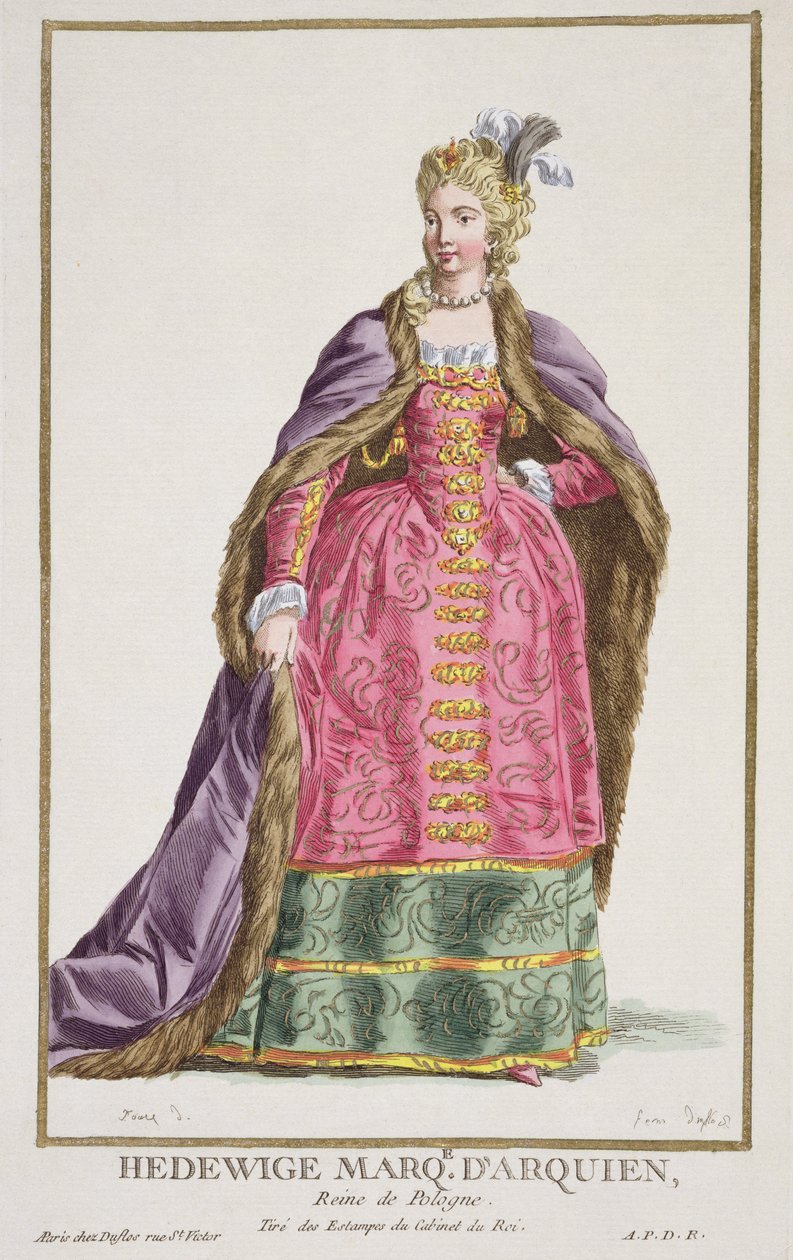 Hedwige, Marquise d'Arquien, dronning av Polen fra 'Receuil des Estampes, Representant des Rangs et des Dignites, ifølge Costume of All Existing Nations', utgitt 1780 (håndfarget eng. av Pierre Duflos