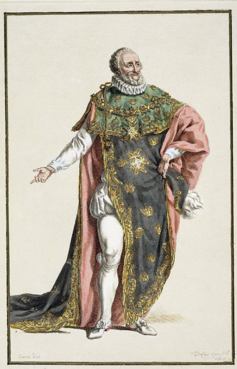 Henri IV (1553-1610) Konge av Frankrike, fra Receuil des Estampes, som representerer ranger og verdigheter, etter drakten til alle eksisterende nasjoner, utgitt 1780 (håndfarget gravering) av Pierre Duflos