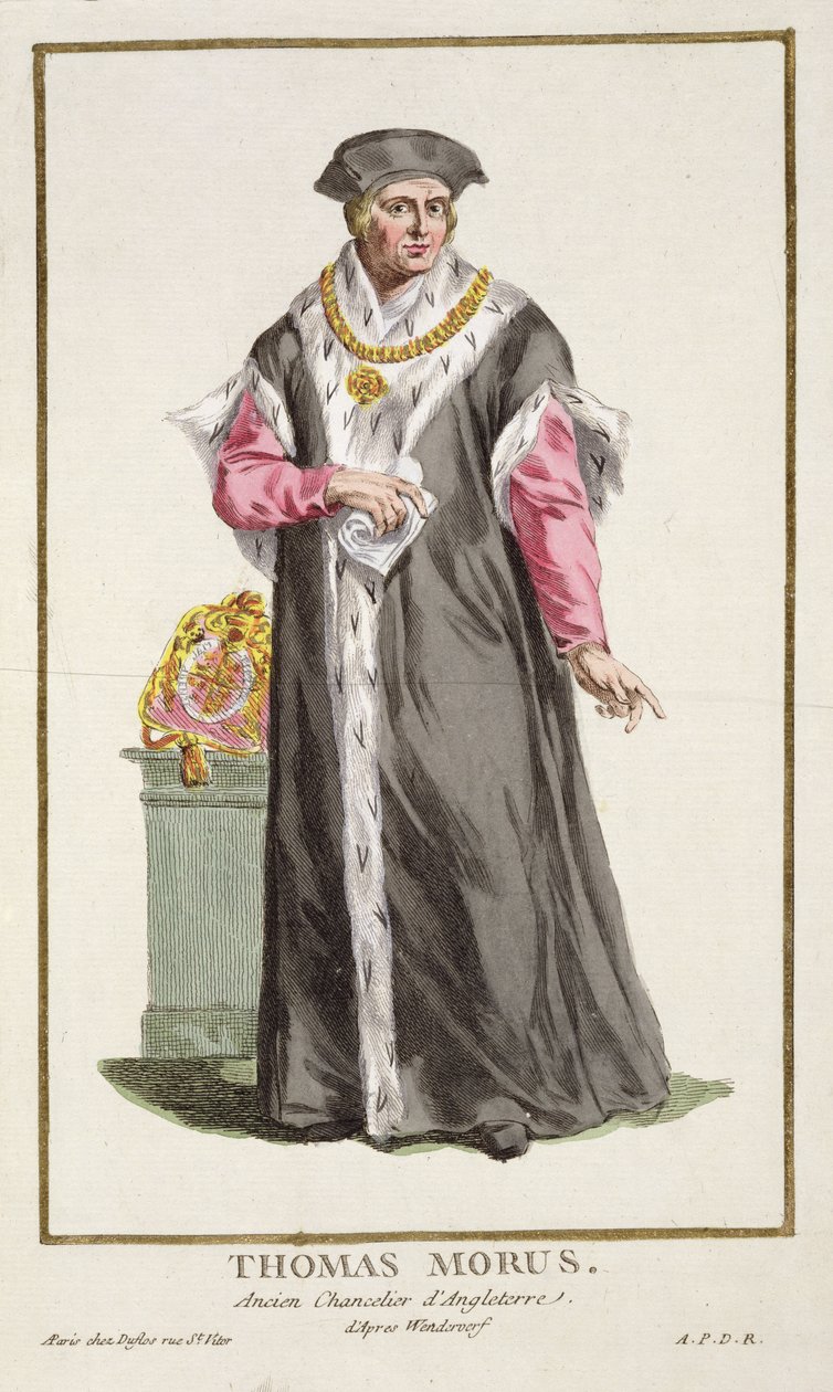 Sir Thomas More (1478-1535) fra 'Receuil des Estampes, representing the Ranks and Dignities, following the Costume of all the Existing Nations', utgitt 1780 (håndfarget gravering) av Pierre Duflos
