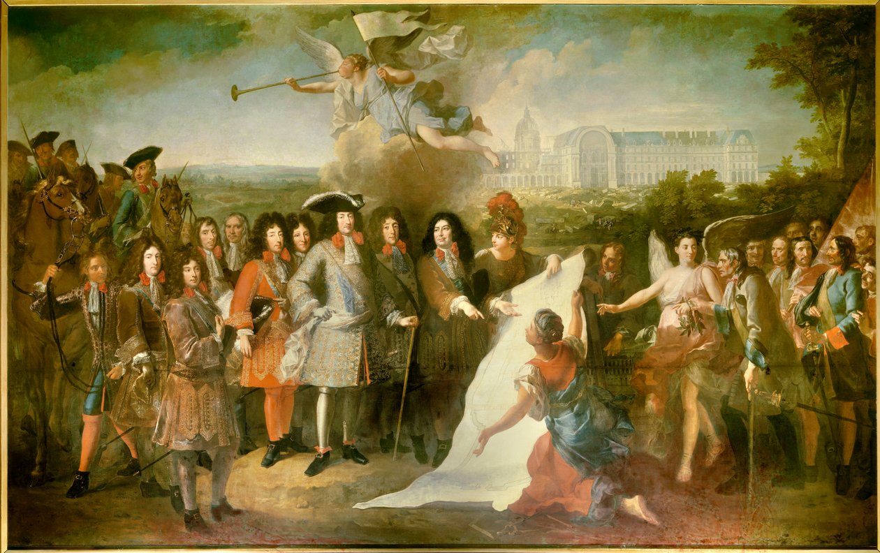 Presentasjon av planen til Royal Hote des Invalides til Ludvig XIV av Marquis de Louvois (1639-1691) Blant de nåværende er Henri de la Tour d'Auvergne (1611-1675), Liberal Bruant (1631-1697); Louis II av Bourbon, Prince of Conde (Bourbon-Conde) (162 av Pierre Dullin