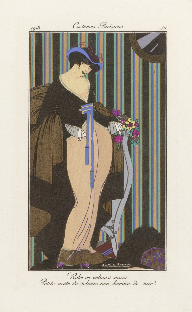 Design for a Velvet Dress, fra Costumes Parisien, pub.1913 (pochoir-trykk) av Pierre E. Legrain