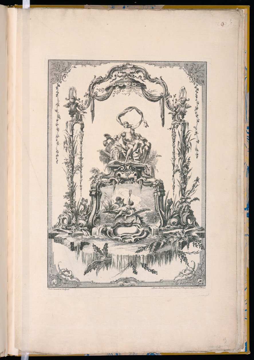 Ornamentpanel med dobbel kartusj som viser Venus eller Thetis med nymfene hennes og en fontene av Pierre Edme Babel