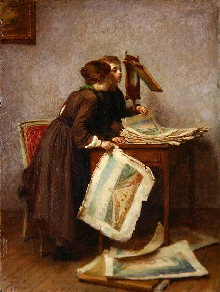 Barn som ser på utskrifter, ca. 1870 (olje på panel) av Pierre Edouard Frere