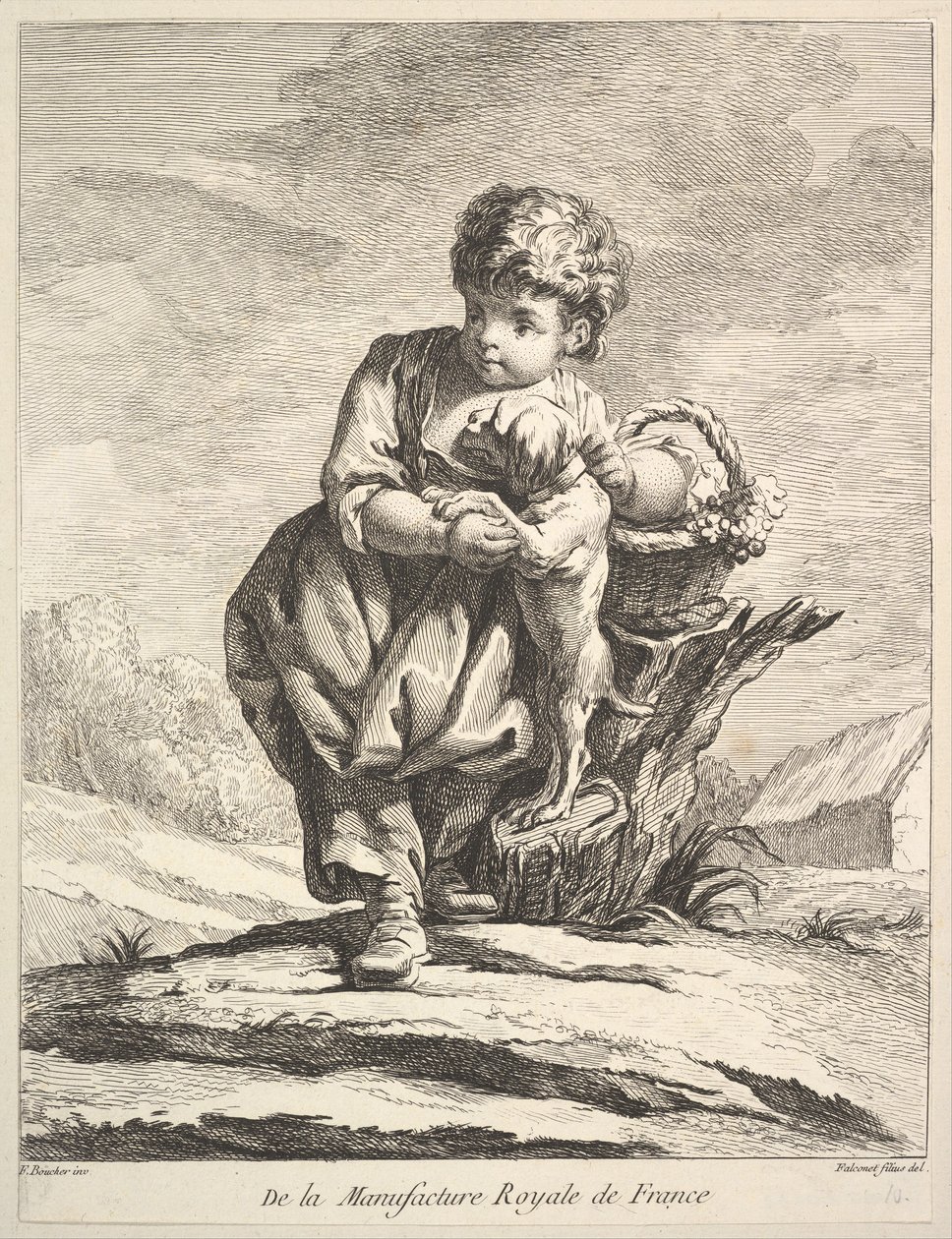 Barn med en hund, som holder en kurv med druer, fra Premier Livre de Figures daprès les po..., 1757. av Pierre Etienne Falconet
