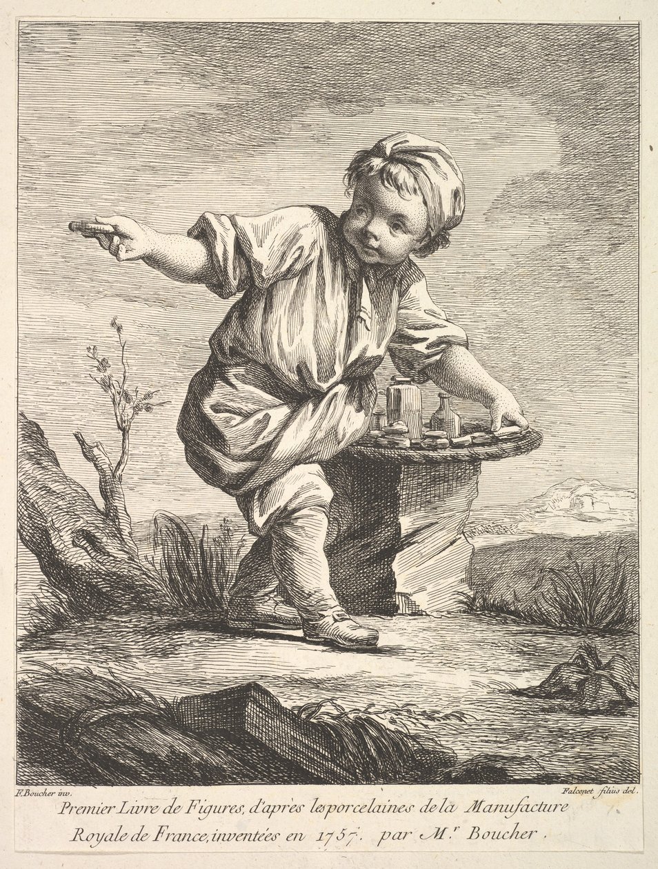 Frontispice med liten gutt som holder en kurv, fra Premier Livre de Figures daprès les po..., 1757. av Pierre Etienne Falconet