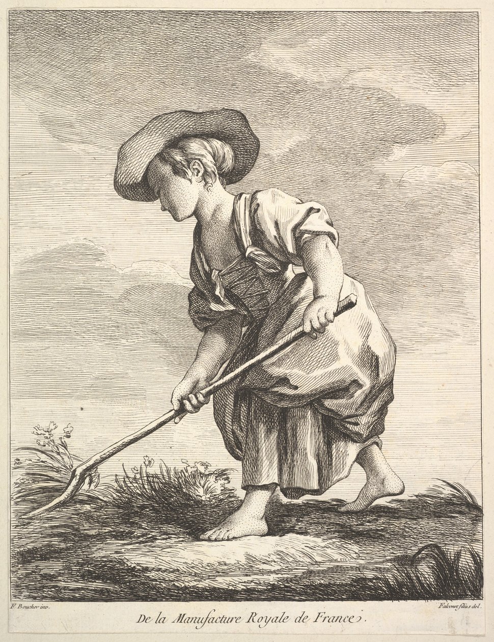 Liten jente som driver gårdsarbeid, fra First Book of Figures etter porselenene til M..., 1757. av Pierre Etienne Falconet