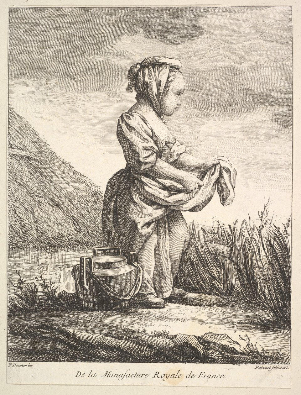 Liten jente med et kar ved føttene, fra Premier Livre de Figures daprès les porcelain..., 1757. av Pierre Etienne Falconet