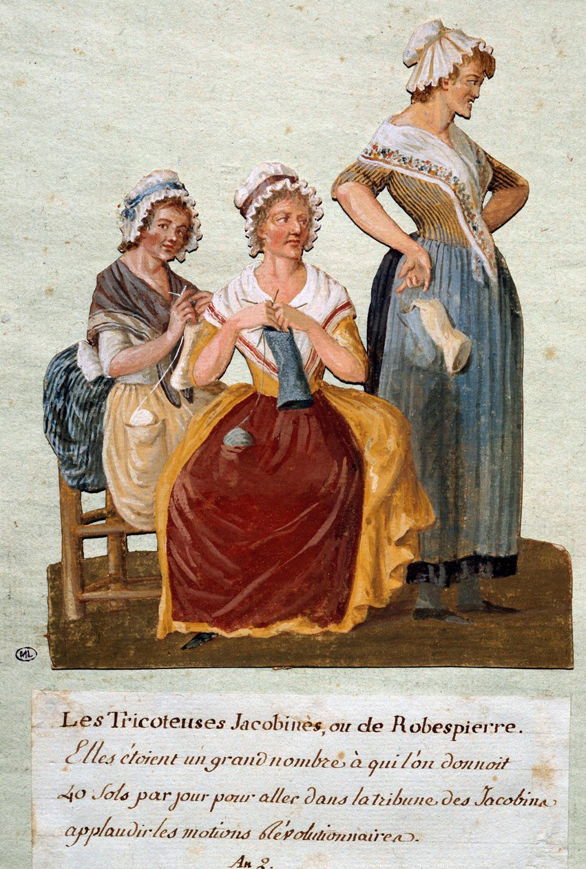 Fransk revolusjon: Jacobin strikkere eller Robespierre. Vi ga disse kvinnene penger for å gå til Jacobin Club. Gouache av Pierre Etienne Lesueur (aktiv rundt 1791-1810) av Pierre Etienne Lesueur