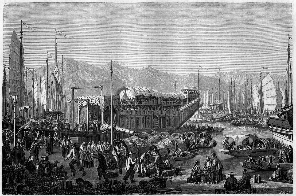Boat des Fleurs, en restaurant og morosted i havnen i Shanghai i 1860, Kina. Gravering av Grandsire, i "" Le Tour du Monde, Nouveau journal des Voyages"", redigert av Edouard Charton, Paris av Pierre Eugene Grandsire