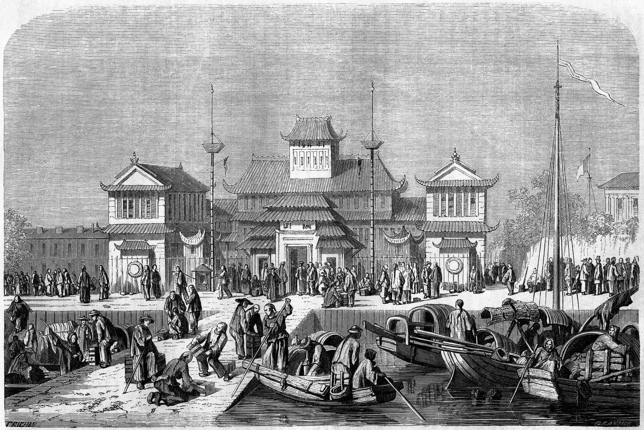 Tollvisning i havnen i Shanghai i 1860, Kina. Gravering av Grandsire, i "" Le Tour du Monde, Nouveau journal des Voyages"", redigert av Edouard Charton, Paris av Pierre Eugene Grandsire