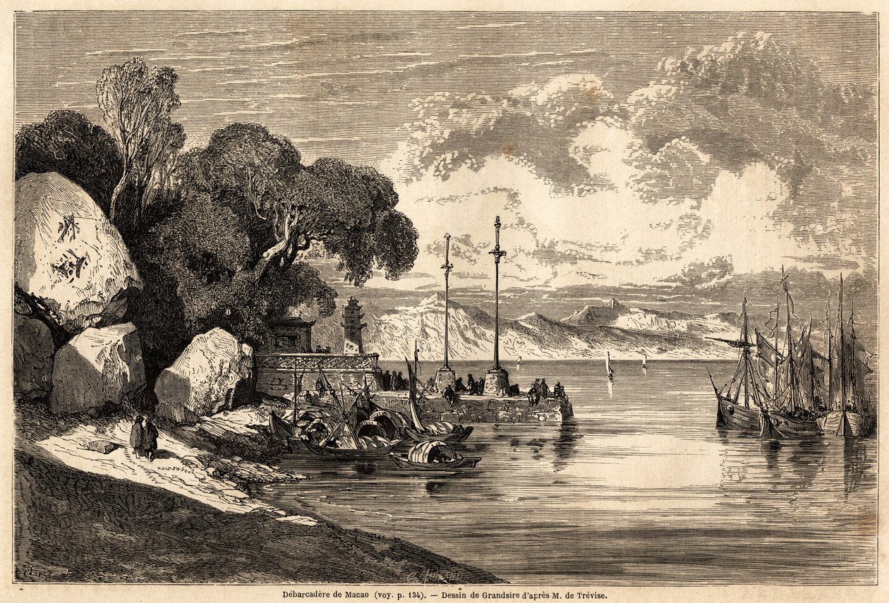 Barcadere de Macau, tegning av Grandsire for å illustrere reisen til Kina og Japan, i 1857-1858, til M. de Moge. Gravering i "" Le tour du monde, nouveau journal des voyages"" Paris av Pierre Eugene Grandsire
