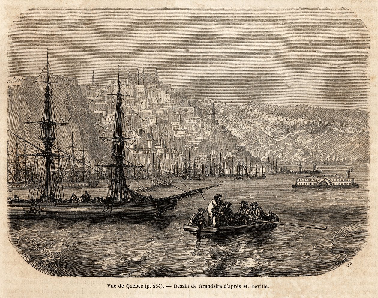Utsikt over Quebec, tegning av Grandsire, for å illustrere reisene til Nord-Amerika i 1854-1855, av L. Deville. Gravering i “” Le tour du monde”” 1861. Selvas samling. av Pierre Eugene Grandsire