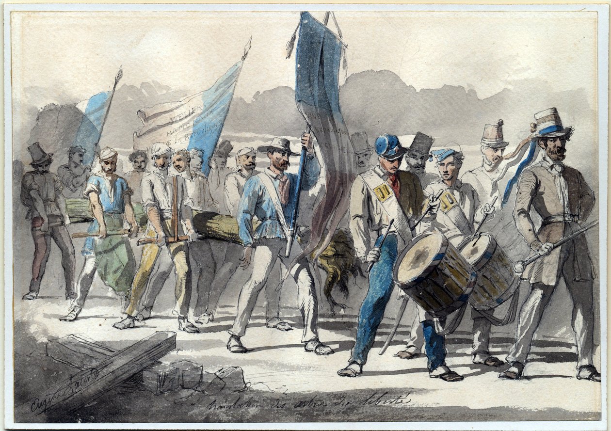 ""Planting av et frihetstre i Frankrike i 1848"" (Planting av et frihetstre i Frankrike i 1848) Akvarell av Pierre-Eugene Lacoste (1818-1908) 1848 Dim 24x34 cm Privat samling av Pierre Eugène Lacoste