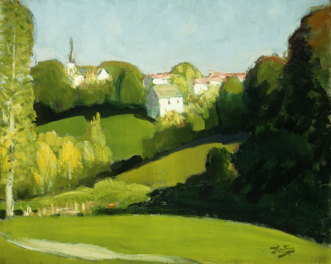 Landsbygd, lys og skygge; Paysage, Ombre et Lumiere, ca. 1920 (olje på lerret) av Pierre Eugene Montezin