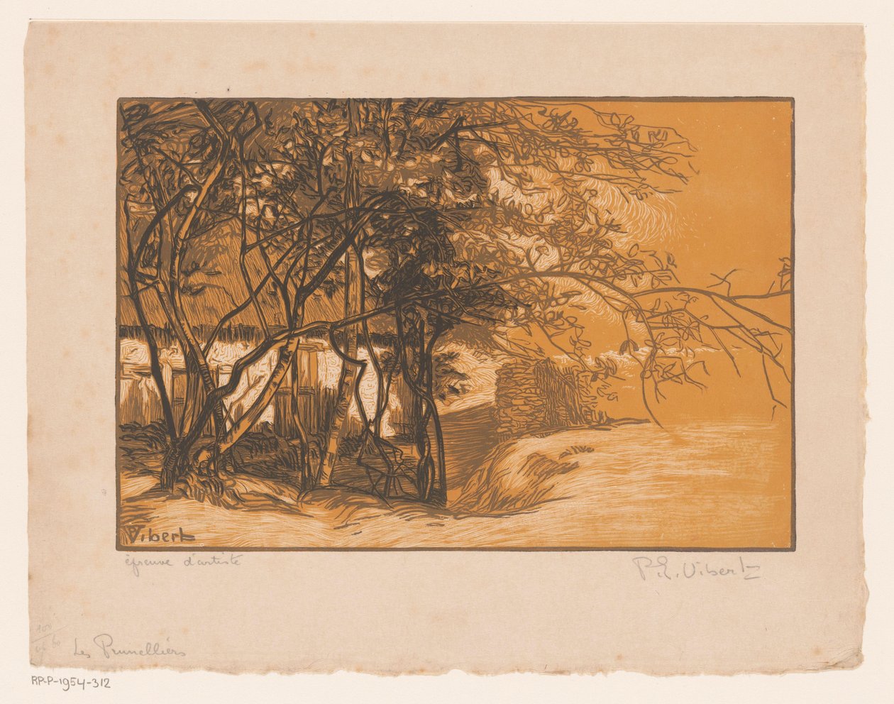 Landskap med en gård bak trær Les Prunelliers (tittel på objekt) av Pierre Eugène Vibert (signed by artist)