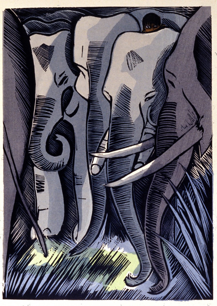 Mogli gjemmer seg på ryggen til elefantene. Rudyard Kipling "The Jungle Book" av Pierre Falke