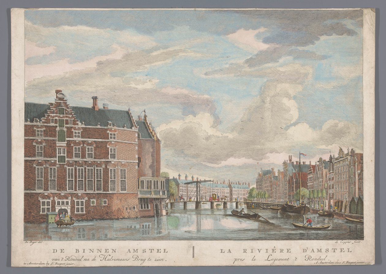 Utsikt over Halvemaansbrug over Amstel i Amsterdam Binnen Amstel van 